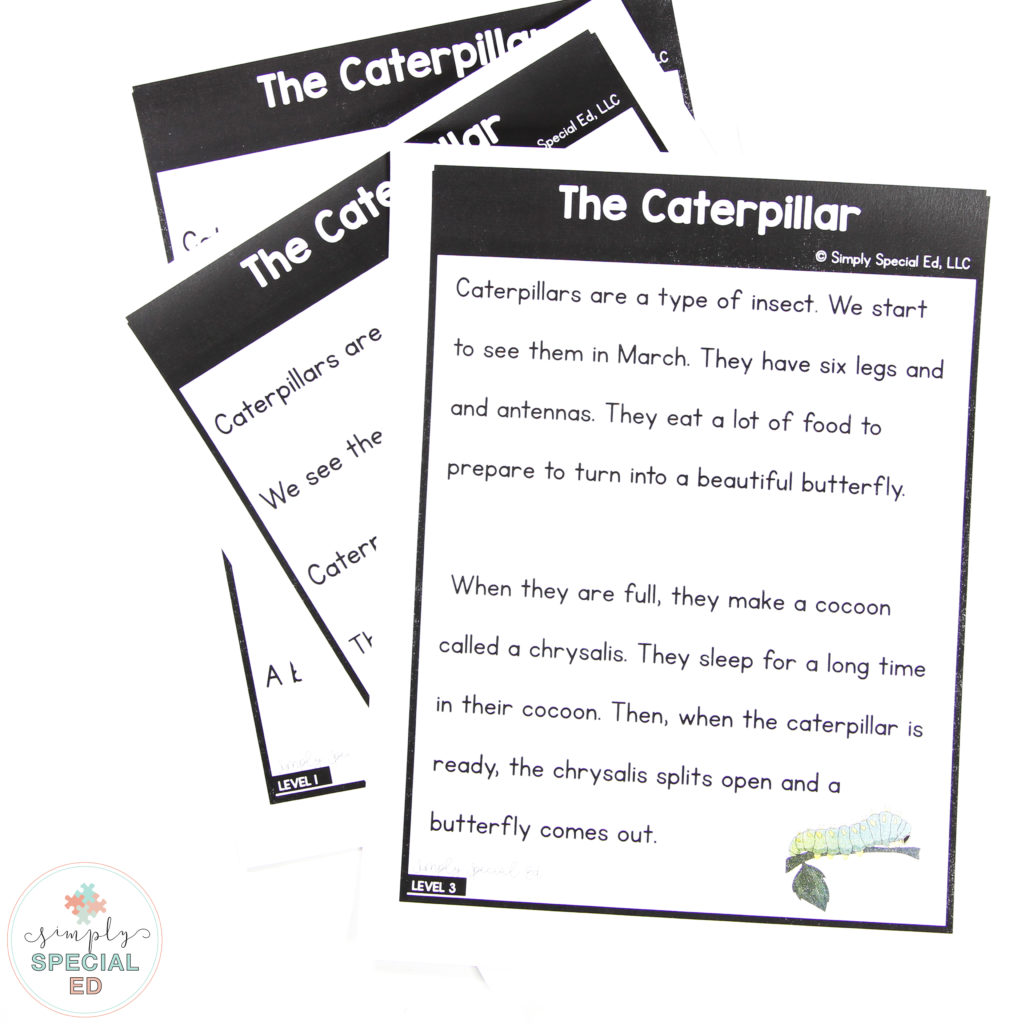 Simple Comprehension for special education march stories about the caterpillar life cycle
