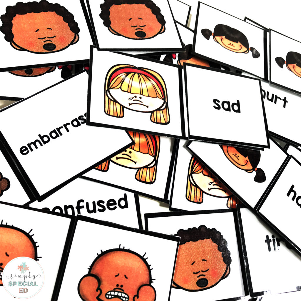 emotion matching cards with the emotion word and a facial expression picture. Sad, embarrassed, hurt are shown