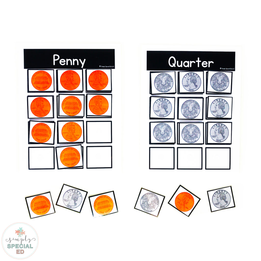Coin sorting mats to use in your task boxes. Special Education teachers can download the coin sorts for free!
