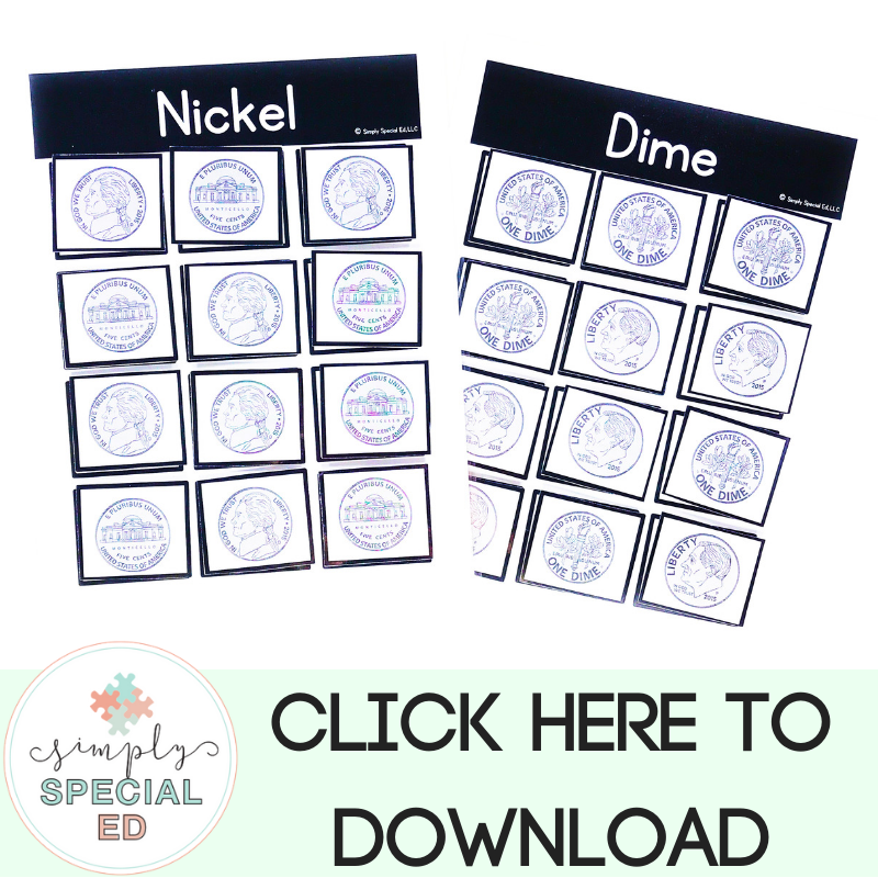 Coin sorting mats to use in your task boxes. Special Education teachers can download the coin sorts for free!
