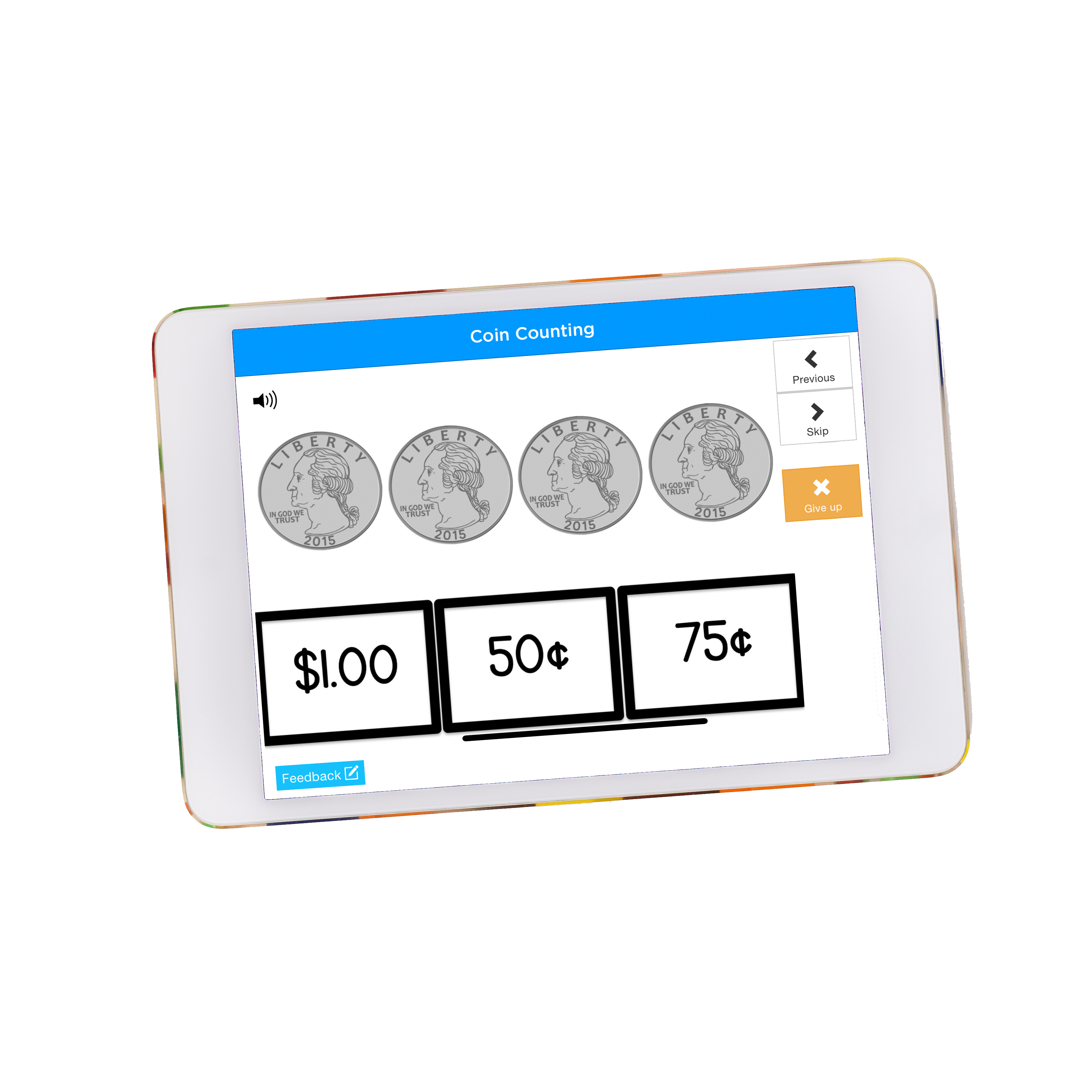 a boom card task example is shown on an iPad that requires a student to count the total of a set of US coins