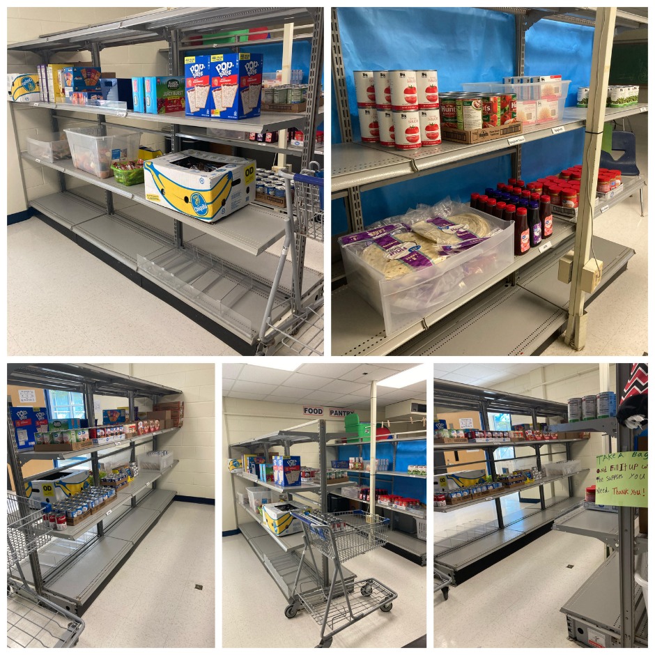 a school food pantry is shown with a variety of groceries for students to practice real world task of grocery shopping and paying for food
