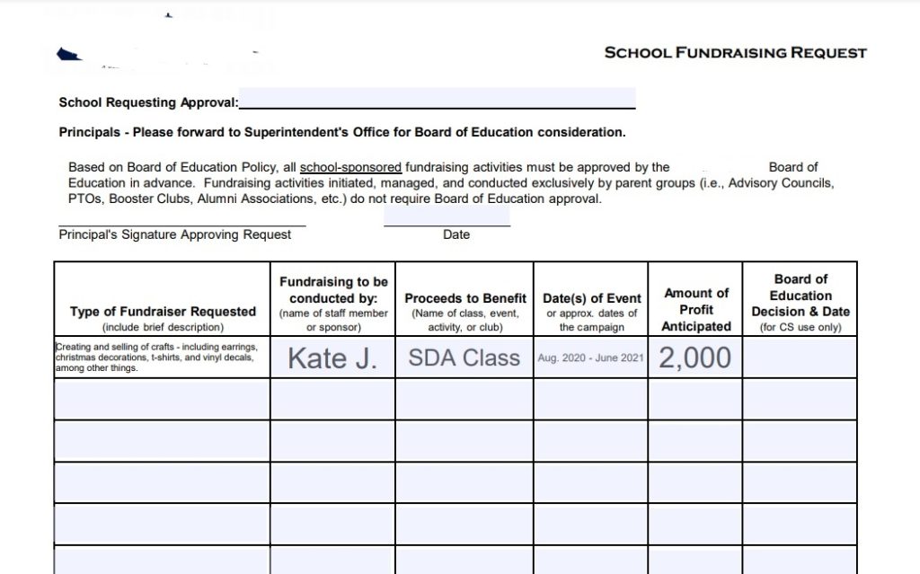 School Business Fundraising Request Form