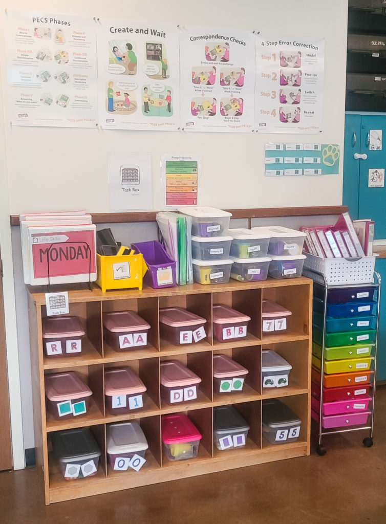 Image of a wooden shelf with plastic containers labeled with numbers, letters, and shapes.