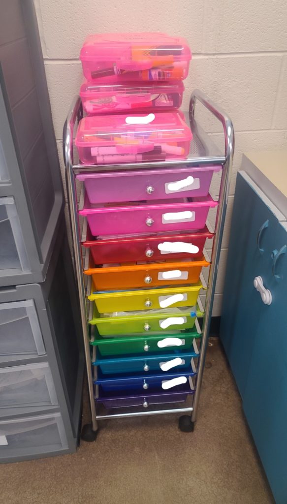 A rainbow cart with student names on it.