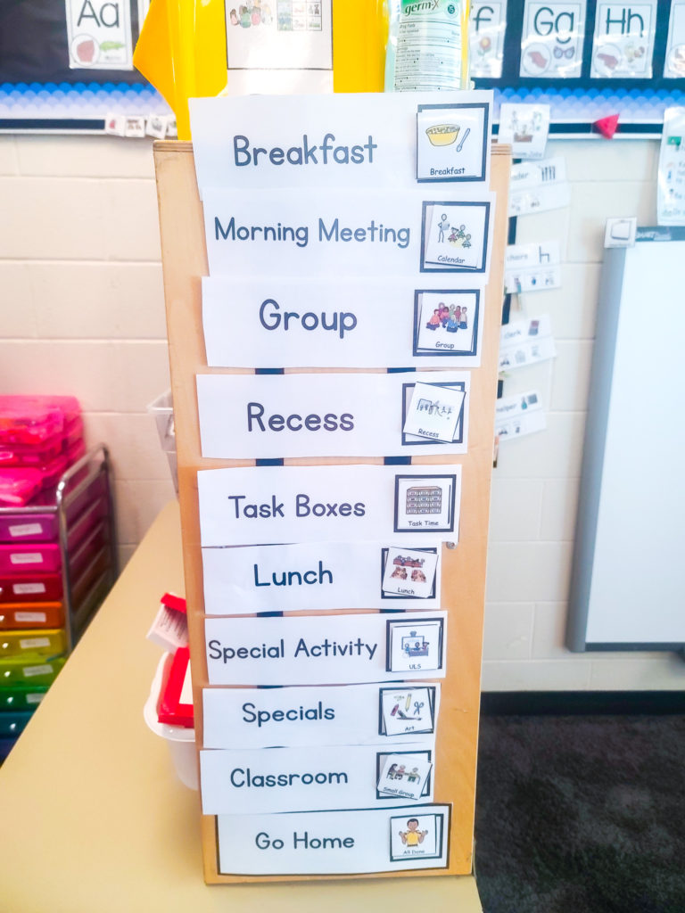 Classroom schedule showing labels for each activity,