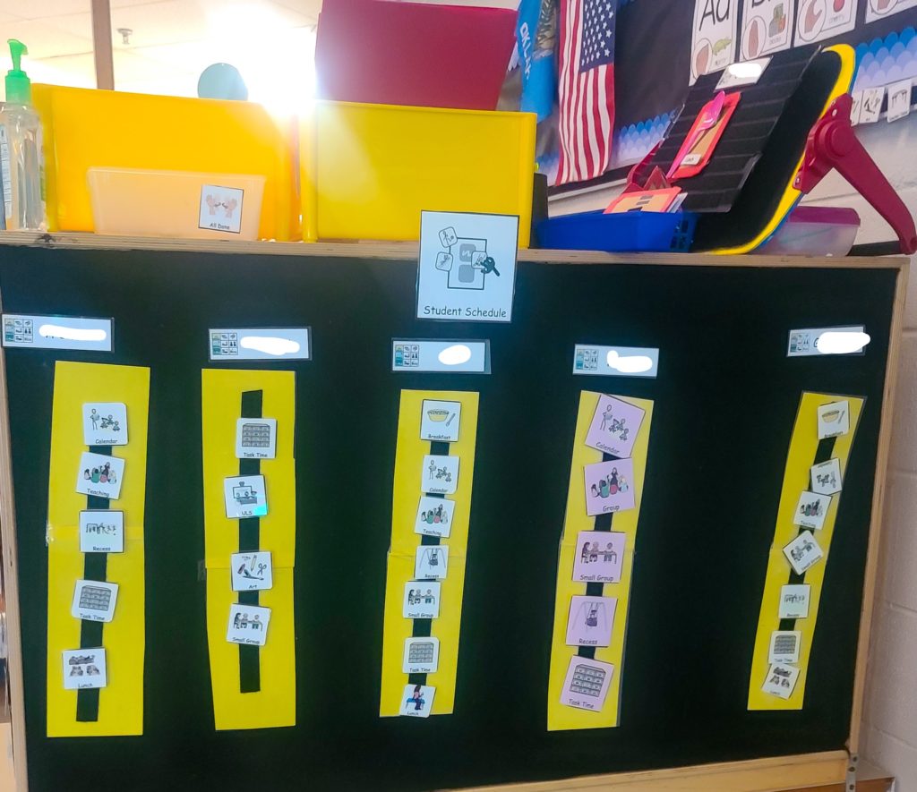 Personal student schedules showing labels for each activity,