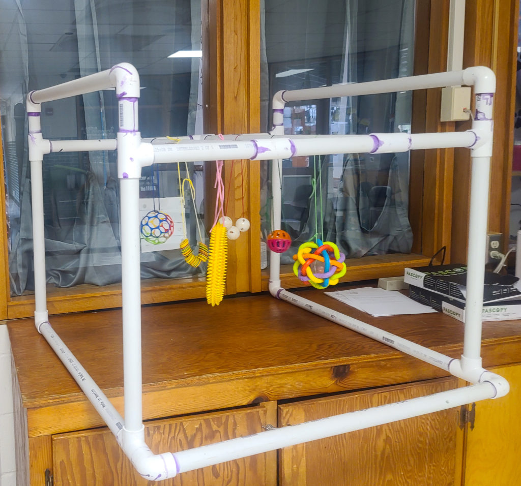 Picture of an active learning frame with multicolored balls hanging from it.