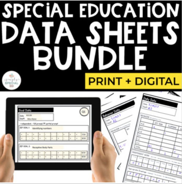 special education data sheets bundle print + digital resource with person holding iPad with sample data sheets