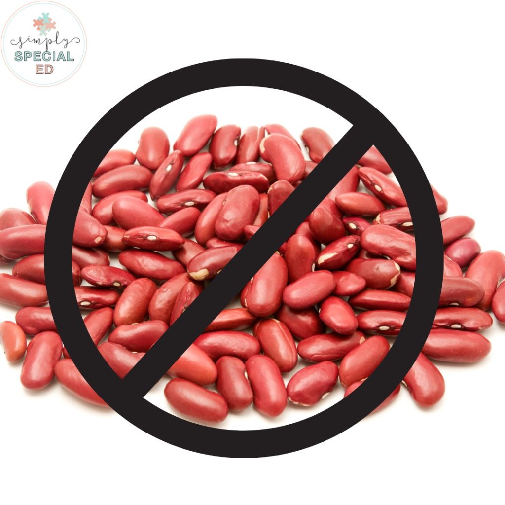image of kidney beans with a circle with a line through it over top to indicate that they are not safe to use in sensory bins