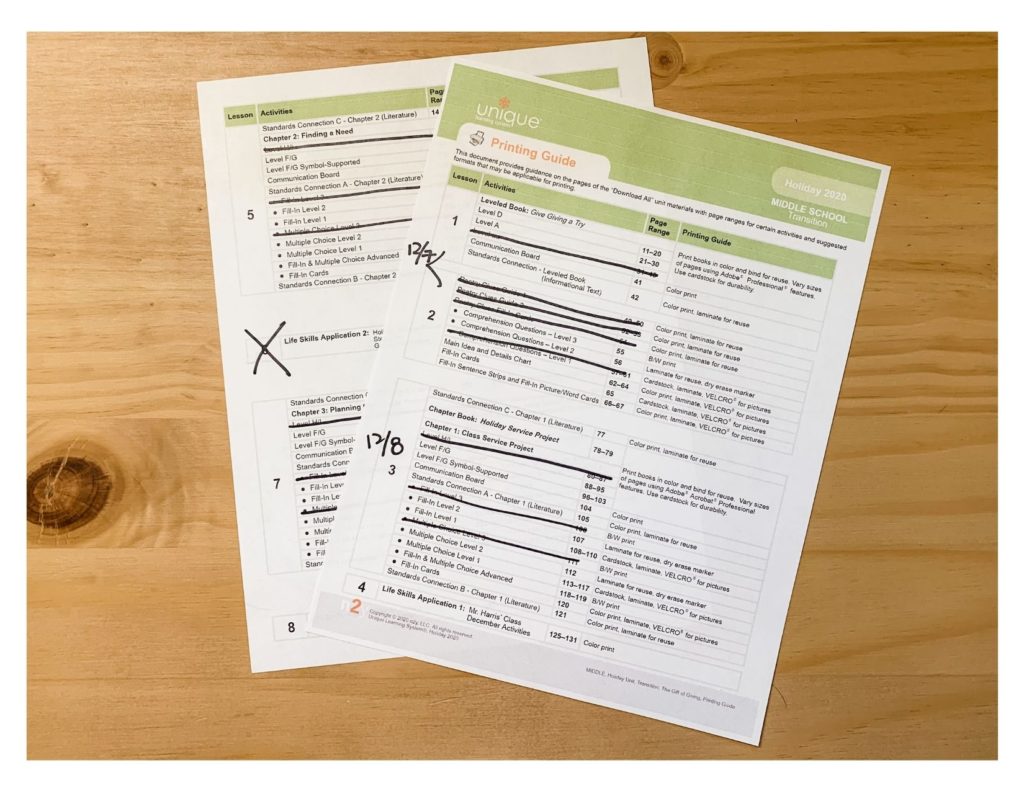 Picture showing how I use the monthly Printing Guide to help me determine which lessons I want to cover each month. 