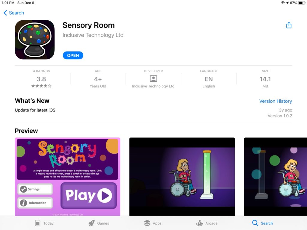 listing for sensory room app by inclusive technologies on the apple app store.
