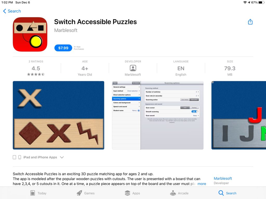 Listing for switch accessible puzzles by marblesoft on the apple app store.