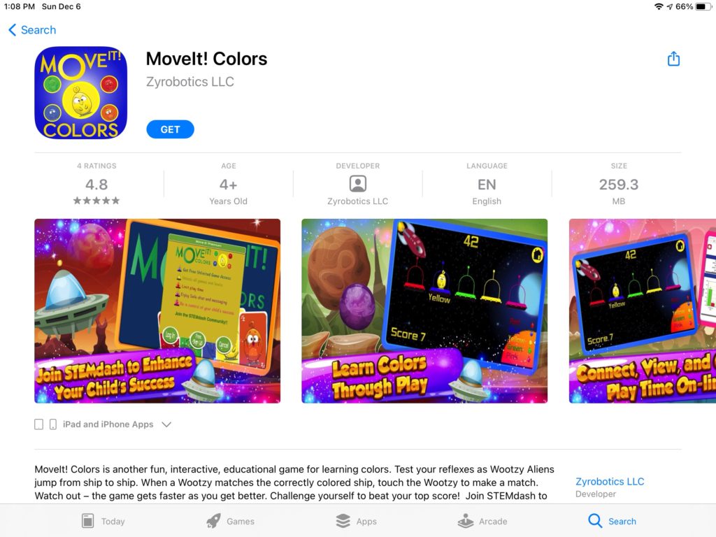 Listing for Moveit! Colors by Zyrobotics LLC on the apple app store.