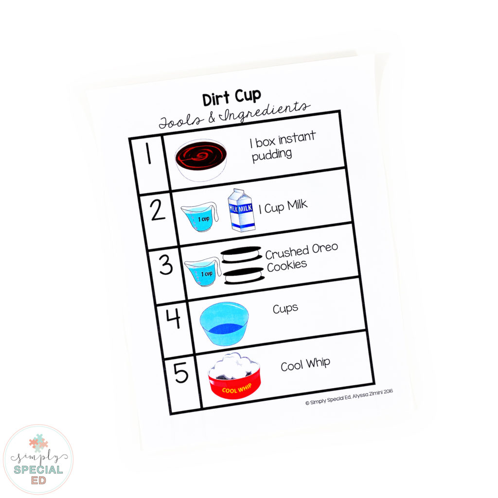 Ingredient List for visual recipes in special education