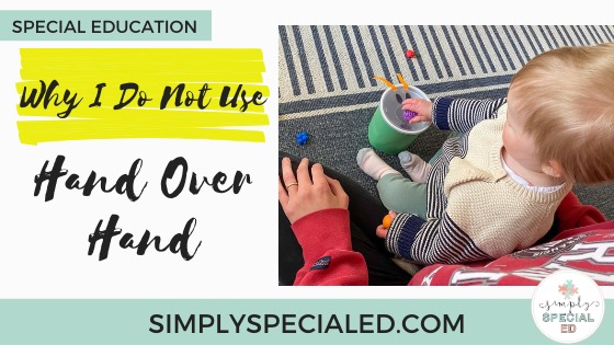 Child independently putting manipulative in a bin