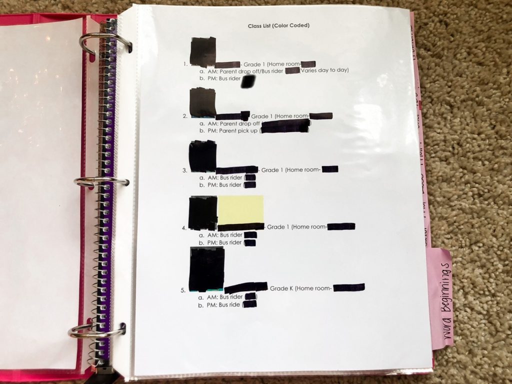 Class roster information for substitute binder