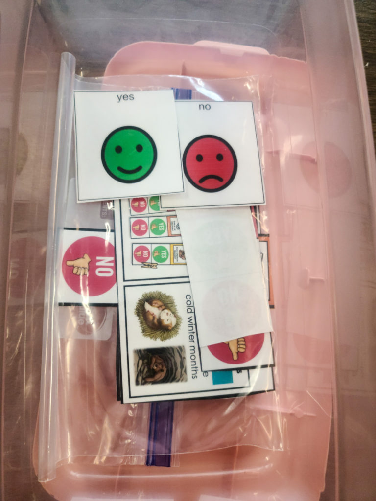 Picture of laminated card with a green yes card and red no card.