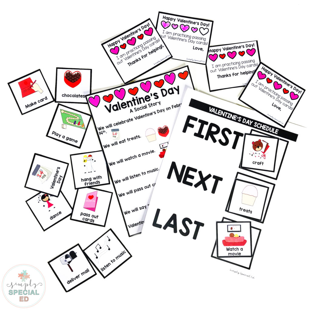valentines day social stories, visual supports, schedule, and cards