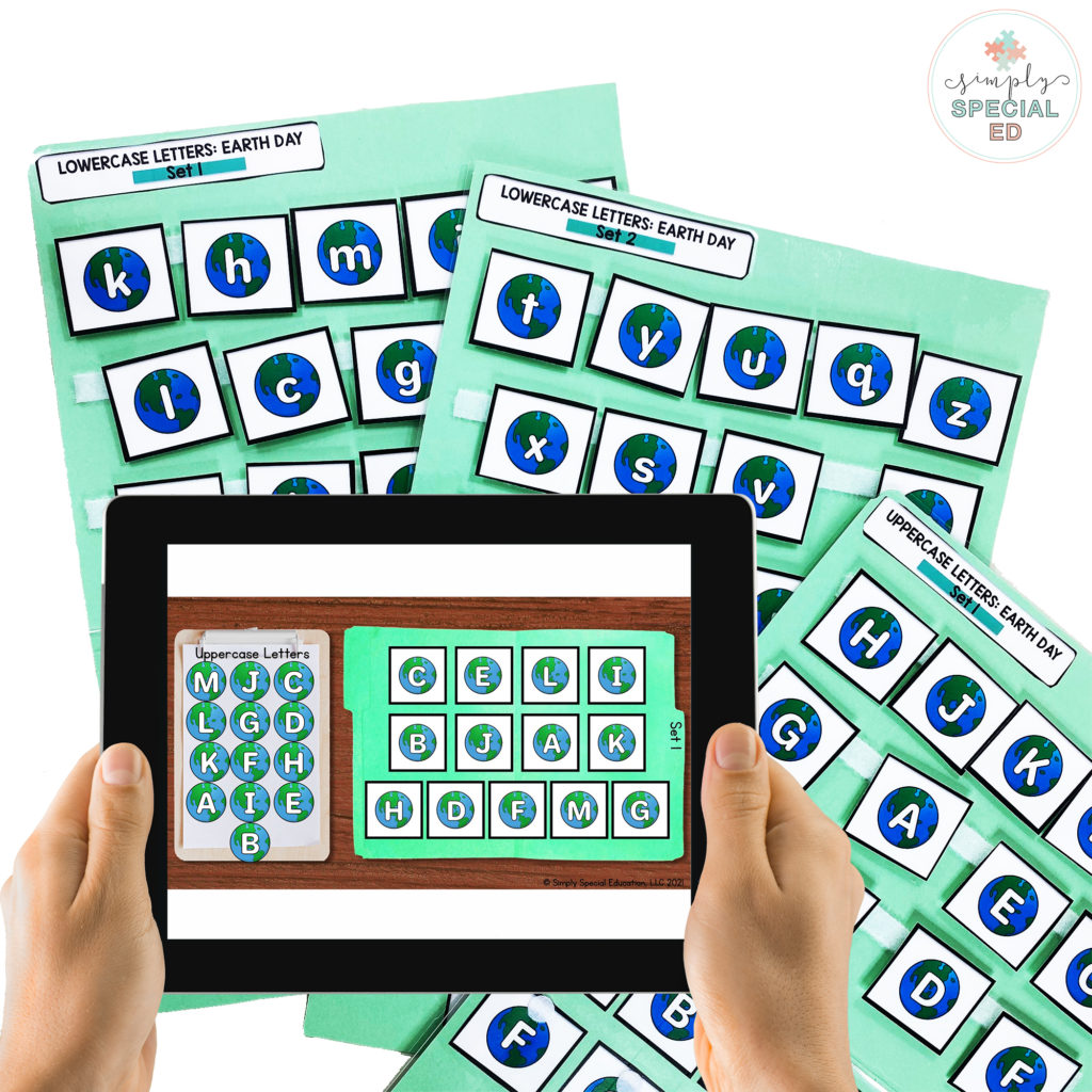 Earth Day file folder resource in digital and print copies.  Earth pictures with uppercase and lowercase letters on them