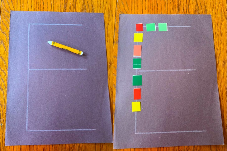 two side by side images. first is the letter E written in white crayon and the second is with colored paint chips glued on. 