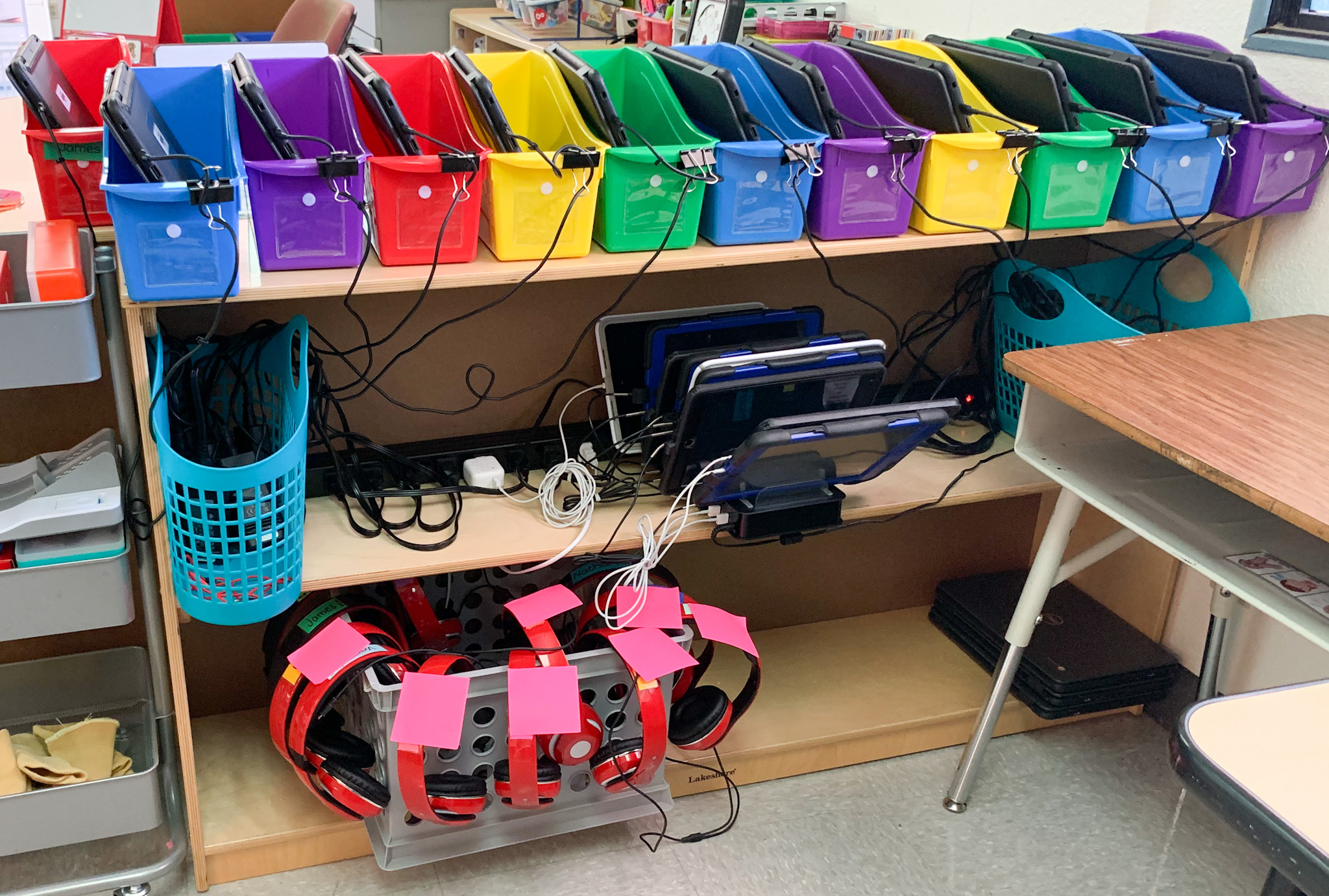 Here is how I organize my technology (iPads, Chromebook, headphones)