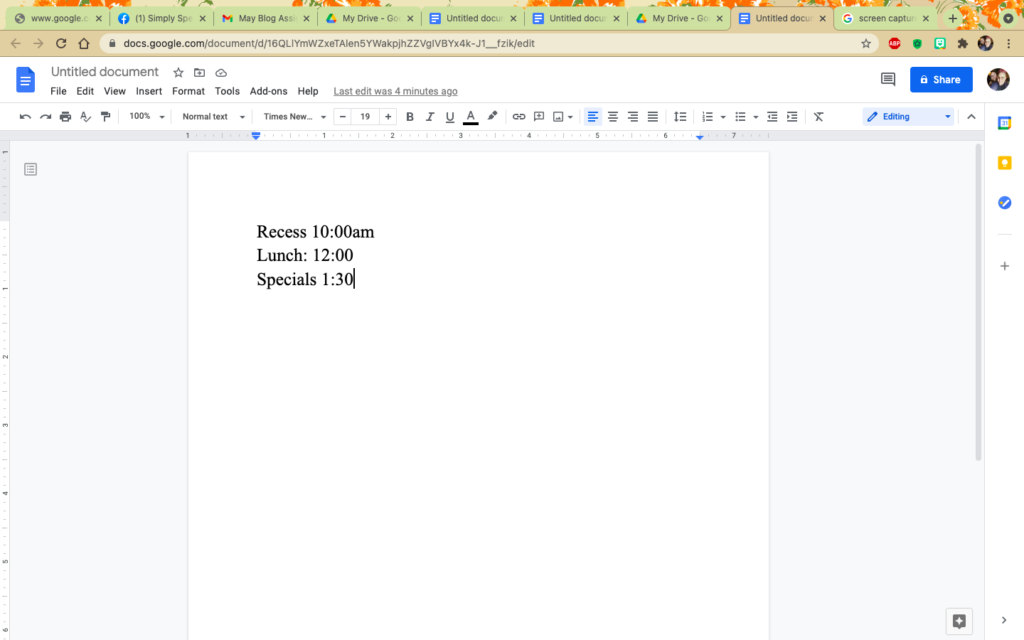 Image of a schedule for a multiple disabilities classroom.