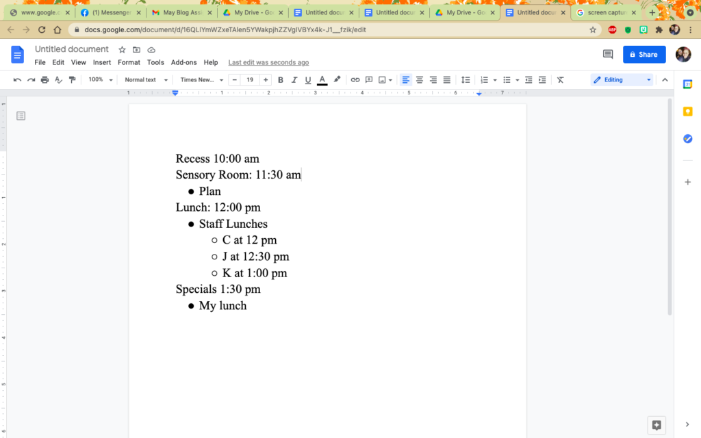 Image of a schedule for a multiple disabilities classroom.