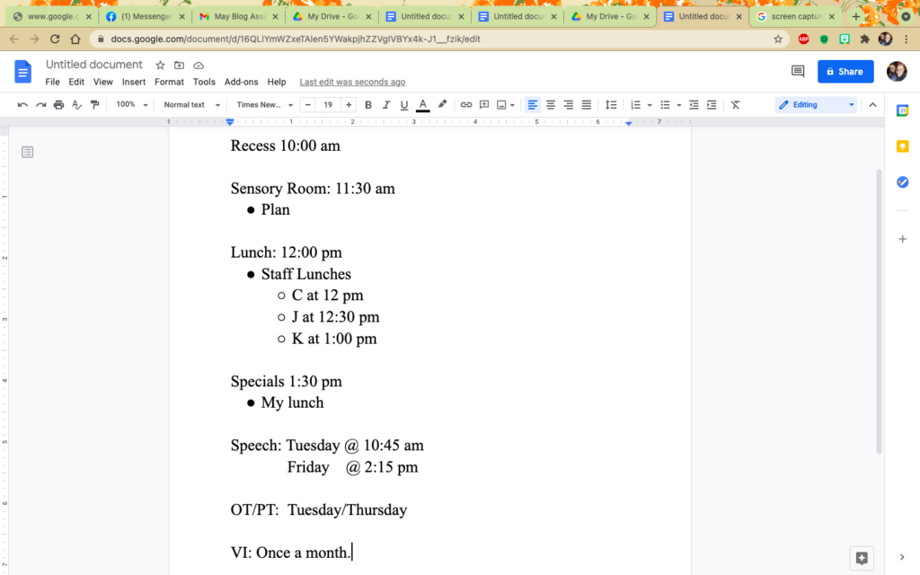 Image of a schedule for a multiple disabilities classroom.