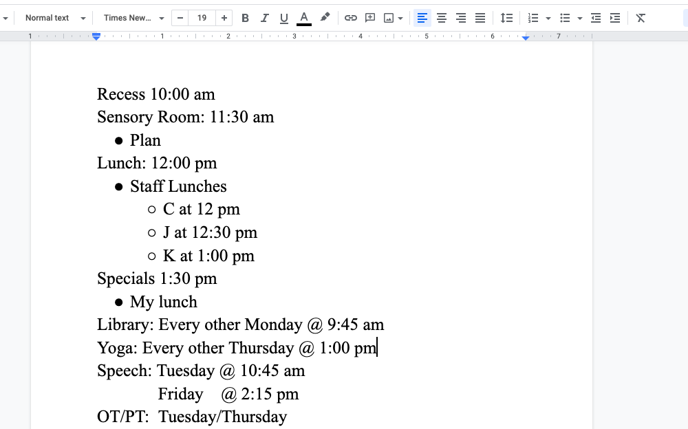Image of a schedule for a multiple disabilities classroom.