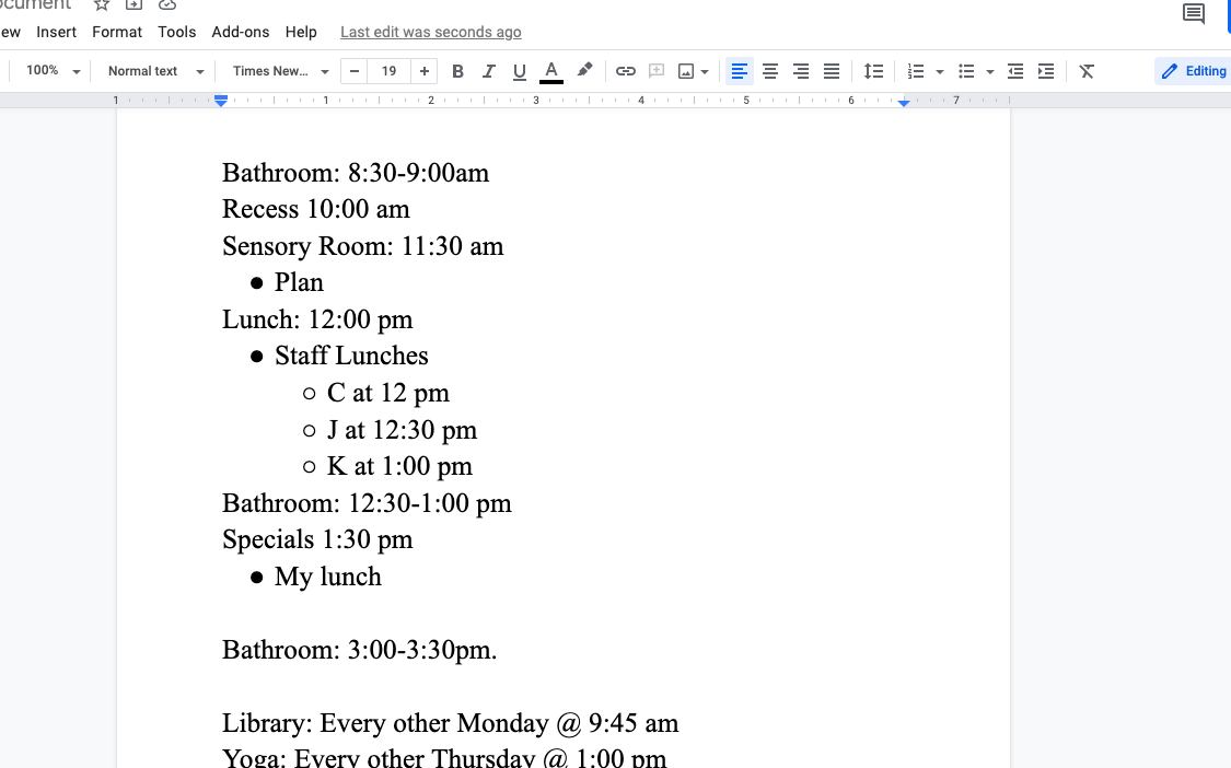 Image of a schedule for a multiple disabilities classroom.