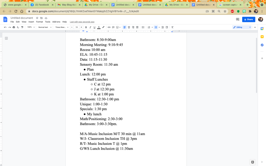 Image of a schedule for a multiple disabilities classroom.