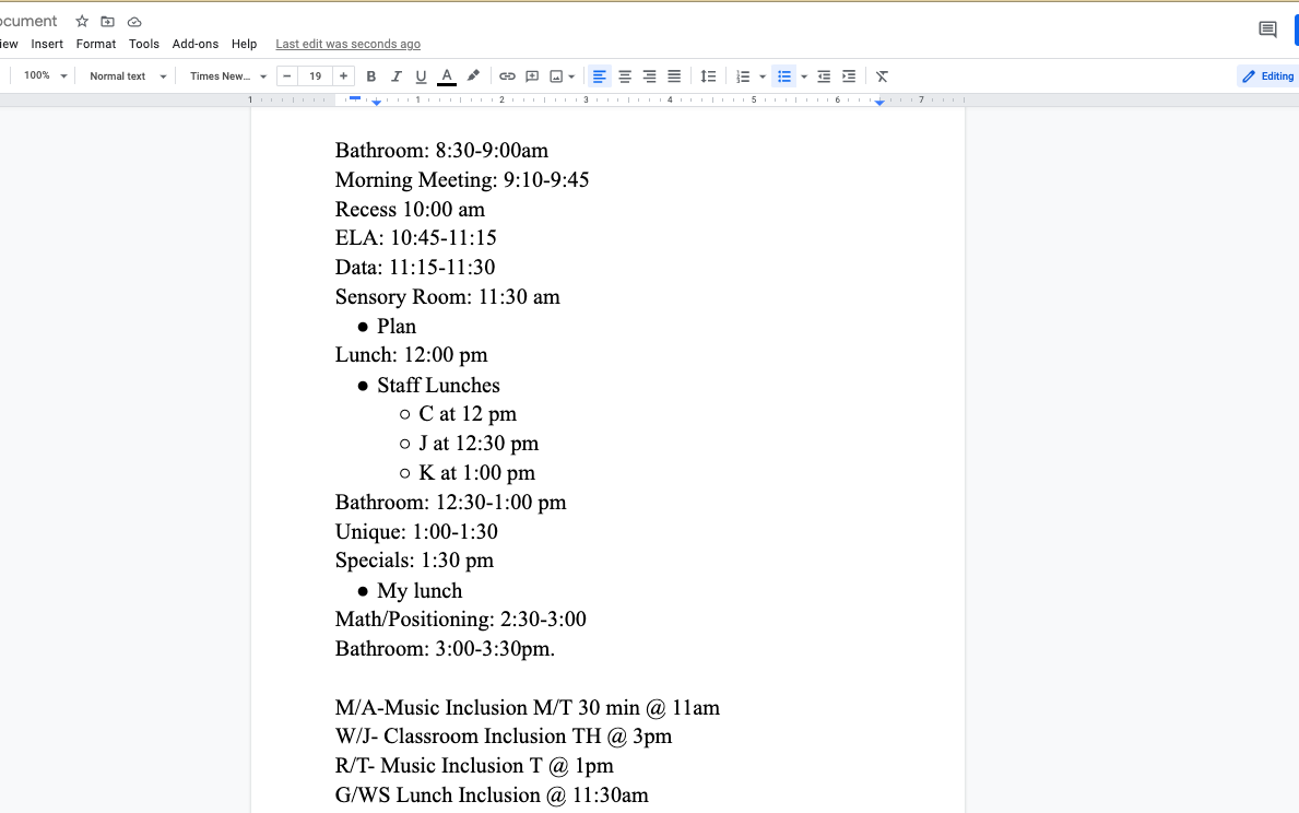 Image of a schedule for a multiple disabilities classroom.