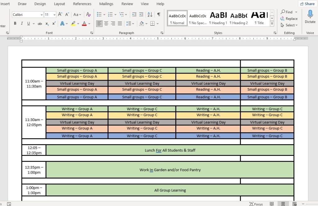 Early afternoon sample High School Classroom Schedule
