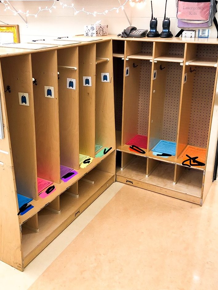 cubbies used for student belongings. We practice arrival and dismissal routines at ESY.