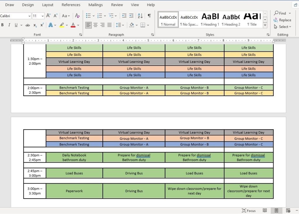 Late afternoon sample High School Classroom Schedule