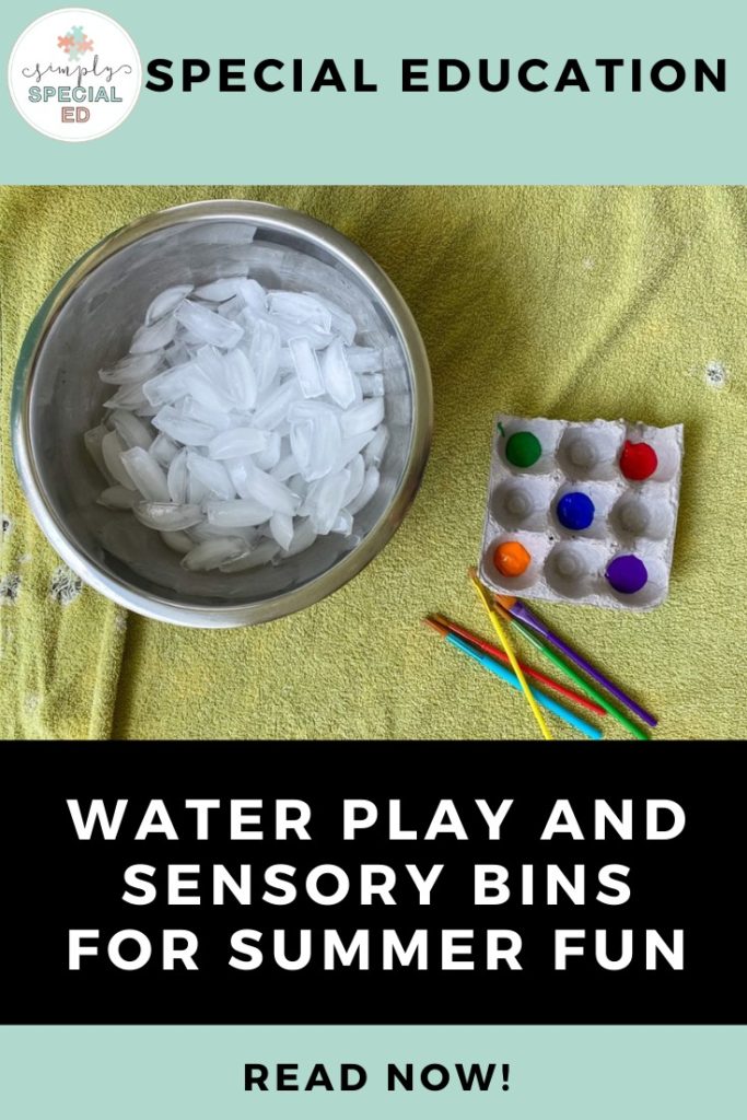 Water Play and sensory Bins for Summer Fun Pin featuring a bowl of icecubes and paint 