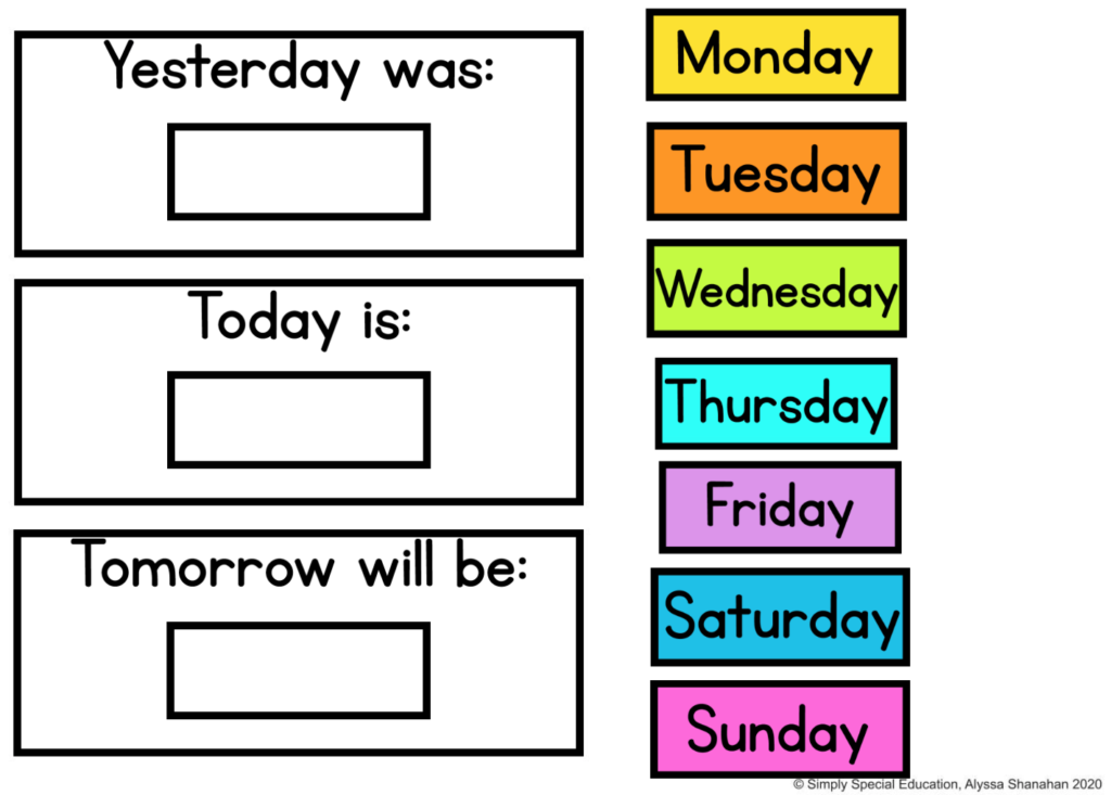 This is the days of the week slide from Simply Special Ed's digital morning meeting.