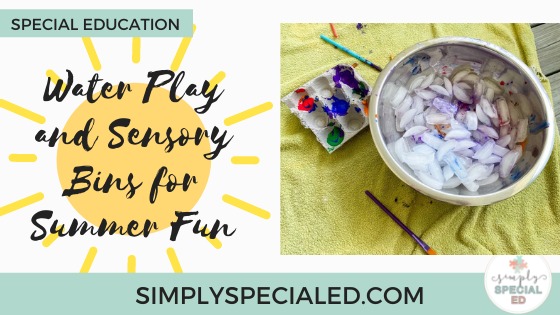 Header for article: title on the right "Water Play and Sensory Bins for Summer Fun" and a picture of painted icecubes on the left 