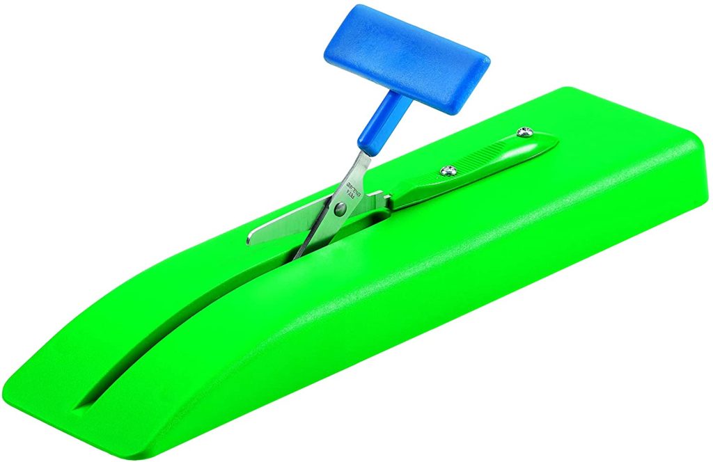 Image of a pair of green table top scissors with a blue handle.