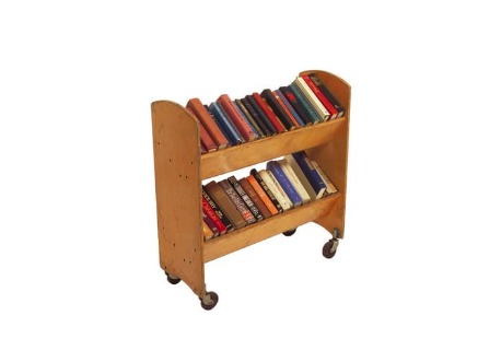wooden library cart with large textbooks
