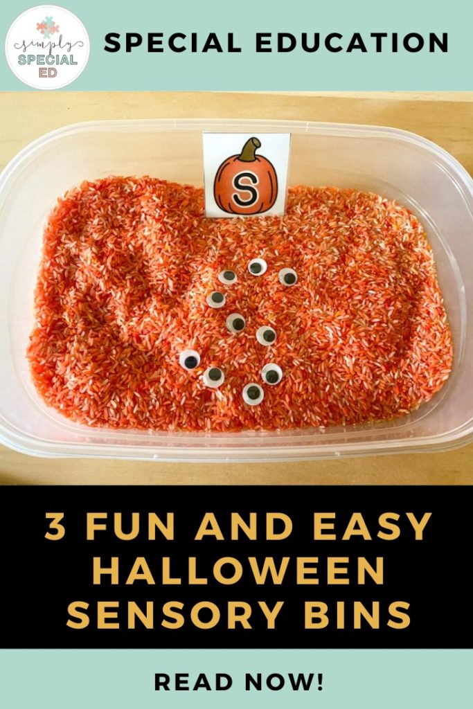 blog pin featuring title and orange rice sensory bin 