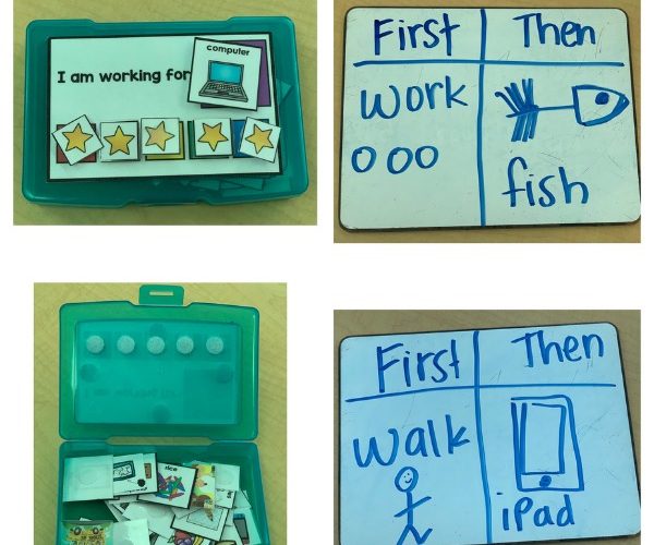 This is a photo of some visuals. One is a token economy and the others are first/then.