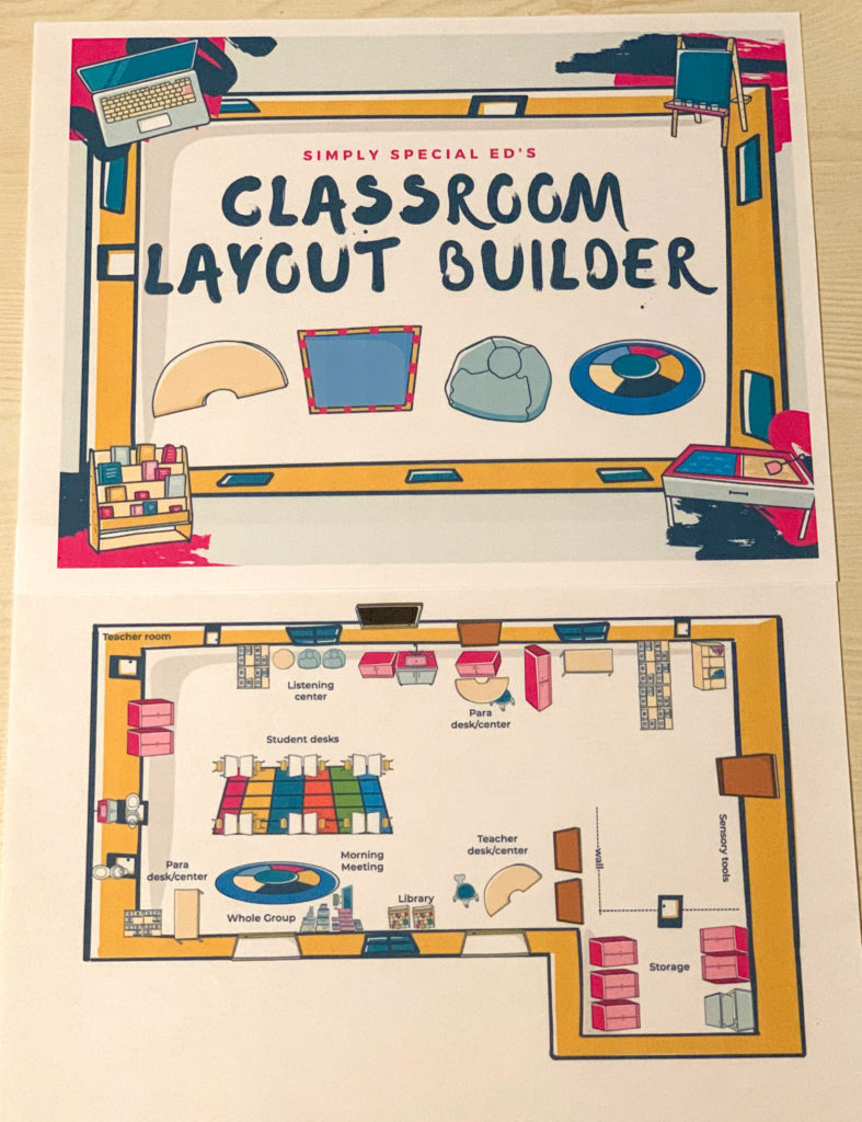 This is a photo of the Classroom Layout Builder I did during the classroom module.  It is a large special education classroom with a morning meeting area, desks, carpets, center tables, and storage. 