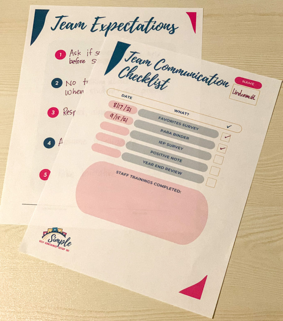 This is a photo of materials from The Team Module.  It is a staff communication checklist as well as team expectations. 