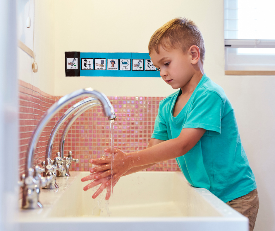 student washing their hands as they should before using the sensory bins with simply special ed visual task analysis behind him