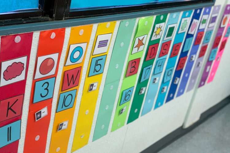 This is a colorful photo of student schedules for my task box center. Each student has their own color and picks the icons off of their wall schedule.