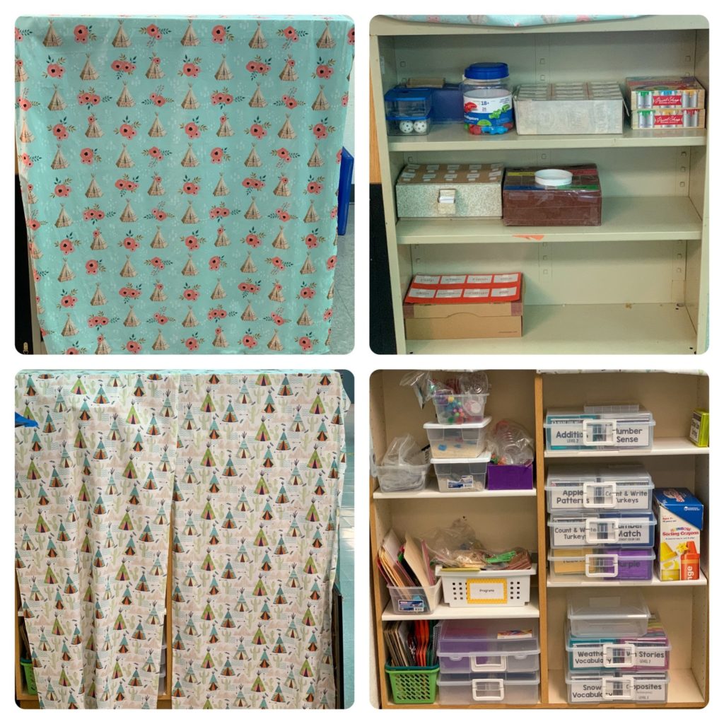 This is a photo of my two task box storage shelves.  There are various different task boxes on shelves.  Two pictures show how I keep the shelves covered.