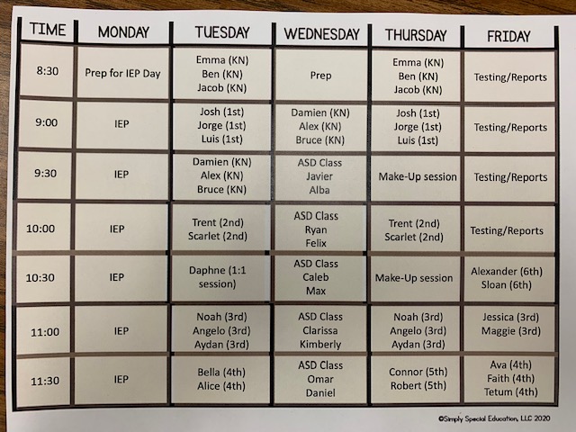 This is a picture of a completed morning speech schedule from 8:30 a.m. to 11:30 a.m.. 