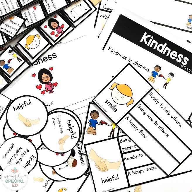 The materials from the free Kindness comprehension story are shown.